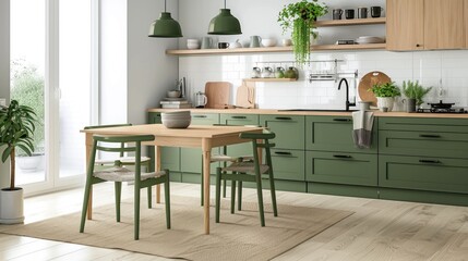 Fototapeta premium A stylish kitchen features green cabinets, a wooden dining table, and natural light illuminating the space with greenery and decor
