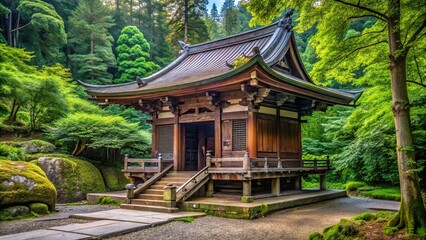 Fototapeta premium Old Japanese shrine with intricate wooden architecture surrounded by lush greenery, Japanese, shrine, traditional
