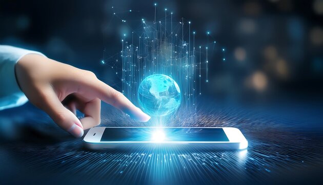 Hand touches smartphone, projects glowing digital world with interconnected nodes