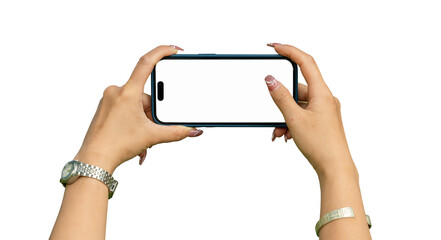 Female holding smartphone to take photo isolated on transparent background. Mobile blank screen for...