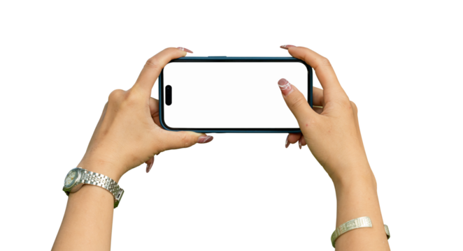 Female holding smartphone to take photo isolated on transparent background. Mobile blank screen for mockup, png file