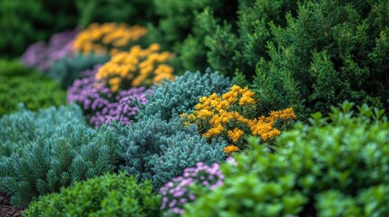 Obraz premium A vibrant garden scene featuring colorful flowers and lush greenery.