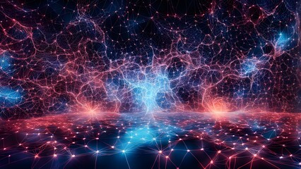 Obraz premium Abstract digital landscape with interconnected nodes and vibrant colors.