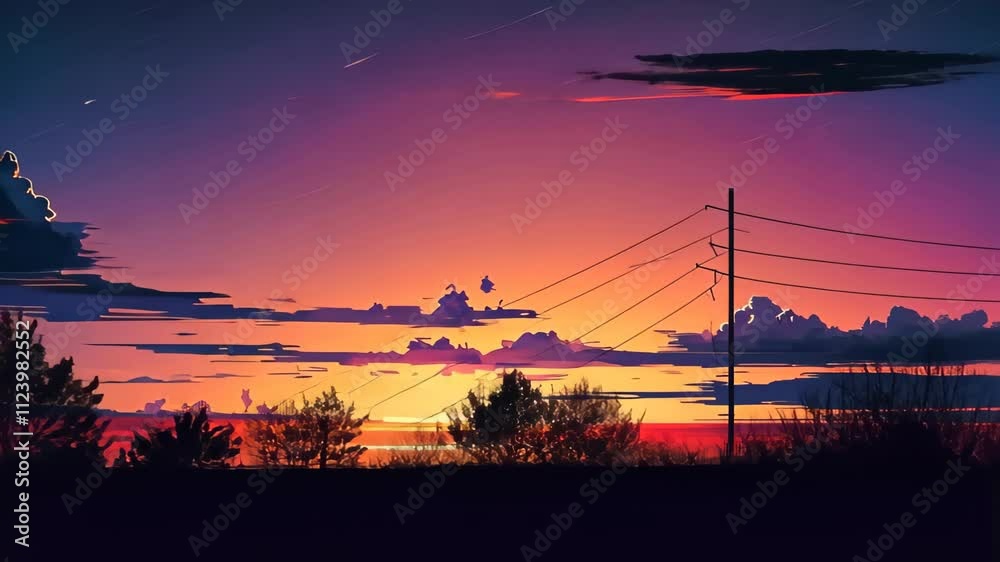 Sticker Minimal beautiful silhouette sunset sky with vibrant color and copy space sky background. Illustration graphic design. 