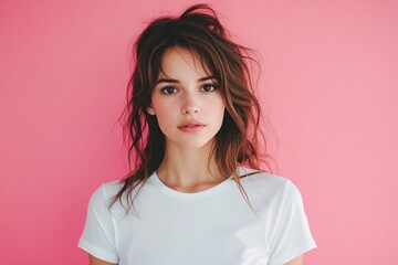 Fototapeta premium Portrait of a beautiful young brunette woman in a white T-shirt on a pink background.