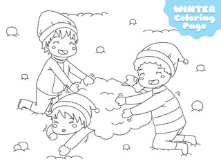 happy kids playing together on snowy winter day. Winter holiday, printable coloring page for kids template cartoon vector.