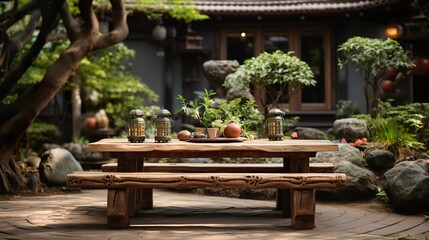 Obraz premium Outdoor background Wooden table in 3d png transparent using for product presentation. 