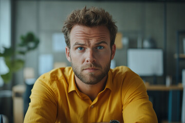 Obraz premium Man with blue eyes wears yellow shirt in modern office