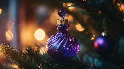 Purple glass toy on a festive Christmas tree with copy space. Side view of a holiday decoration in a cozy home