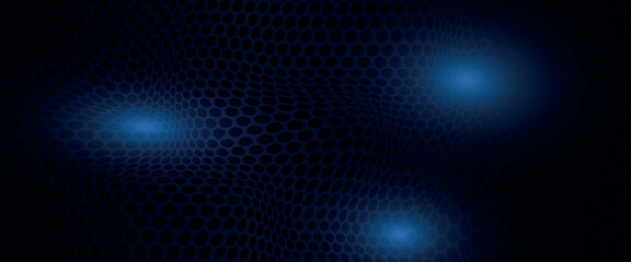 Dark blue abstract wide horizontal banner with hexagonal carbon fiber grid and glowing blue stripes. Technology vector background with blue neon stripes