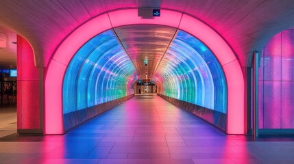 Vibrant pink and blue illuminated tunnel walkway.