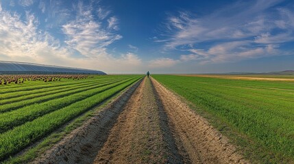 Lone figure walking down a dirt path between vibrant green agricultural fields under a bright, partly cloudy sky.