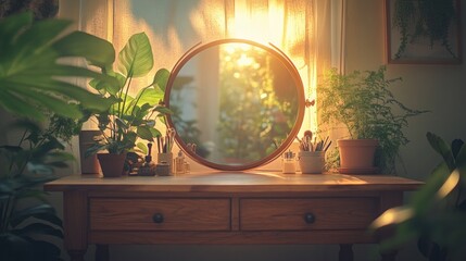 Sunlit vanity table with plants and mirror.