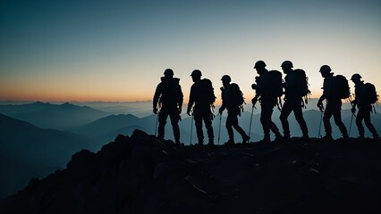 silhouette of a team of rock climbers
