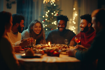 Multiracial group enjoying dinner party on christmas day.