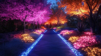 Fototapeta premium A vibrant pathway illuminated by colorful flowers and trees in a serene evening setting.
