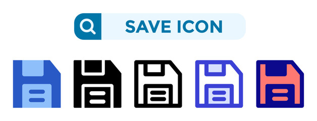 Fototapeta premium Save icons in 5 different vector illustration styles. Settings icons in flat, solid, line, blue and color styles. Vector illustrations can be used for web, mobile, ui