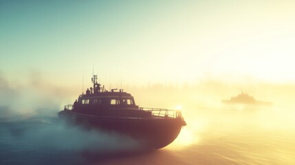 Fototapeta premium Rescue boats navigate through expansive waters, symbolizing hope and determination in the face of vast challenges.