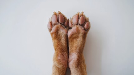 wounded dog paw focus, light brown pet portrait, white minimalist backdrop, clean medical wrapping, studio portrait lighting, animal care documentation, professional pet photography