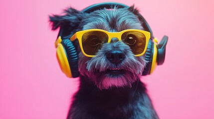 Cool dog wearing headphones and sunglasses against pink background.