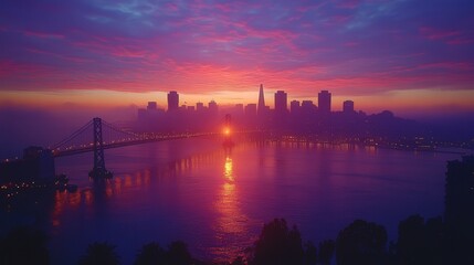 Naklejka premium A vibrant sunset over a city skyline with a bridge and water reflections.