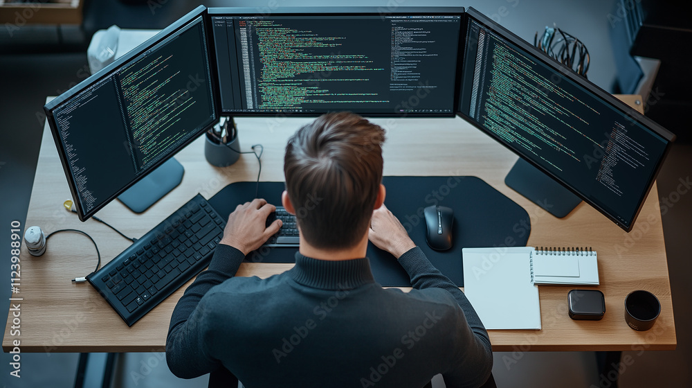 Poster Software developer working on code using multiple monitors in office