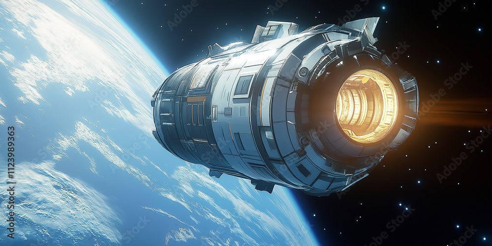 Poster spaceship entering earth orbit with plasma engine activating