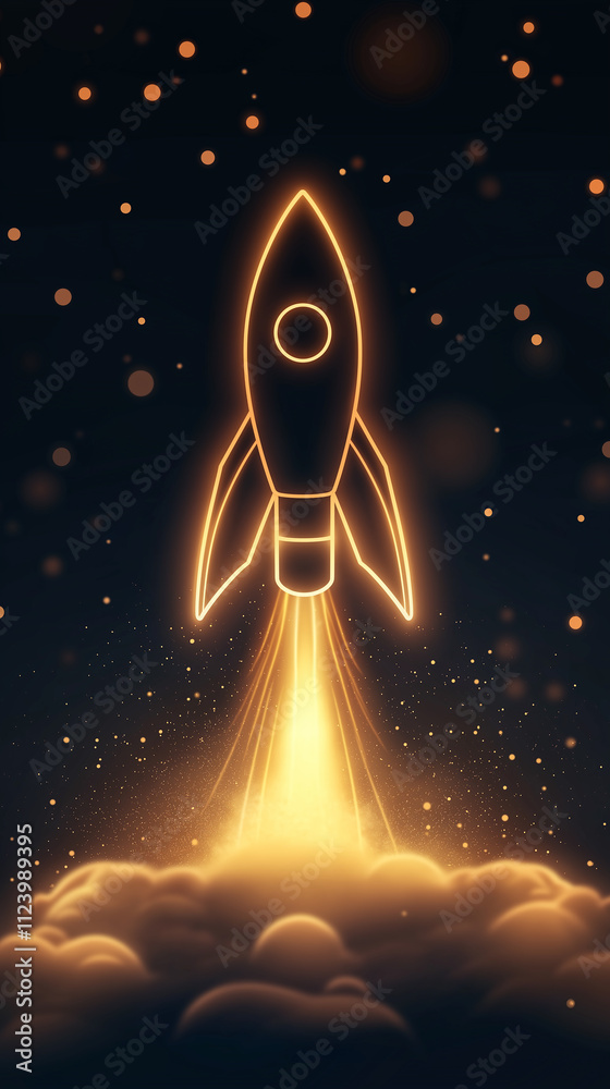 Poster glowing rocket launching through clouds in dark space with stars