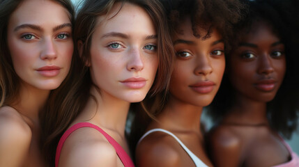 Fototapeta premium Four diverse fashion models posing together showing equality and sisterhood
