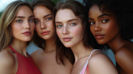 Fototapeta premium Headshot of four beautiful diverse models posing together