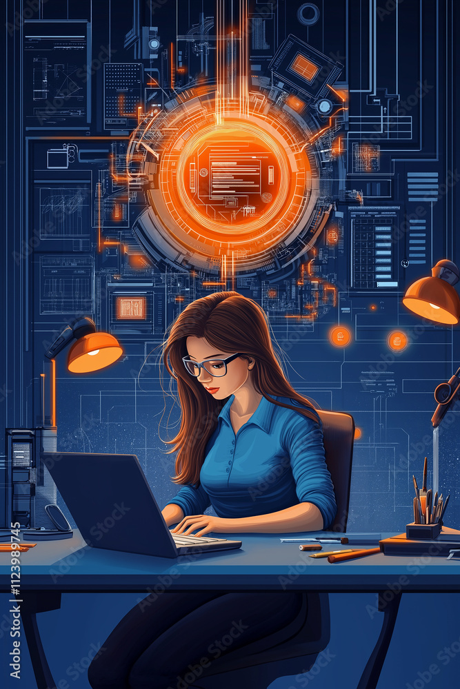 Poster Software engineer developing innovative software with futuristic interface and digital background