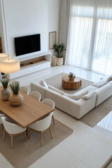 Fototapeta premium Modern living room showcasing comfortable elegance with dining area