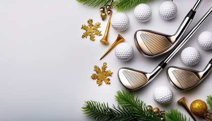 Winter golf ball holiday background, gold Christmas snowflakes and pine branches with golfballs, tees, and clubs