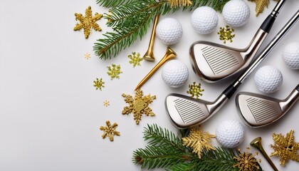 Golf ball golden snowflake Christmas background, golden golfing holiday design with space for copy
