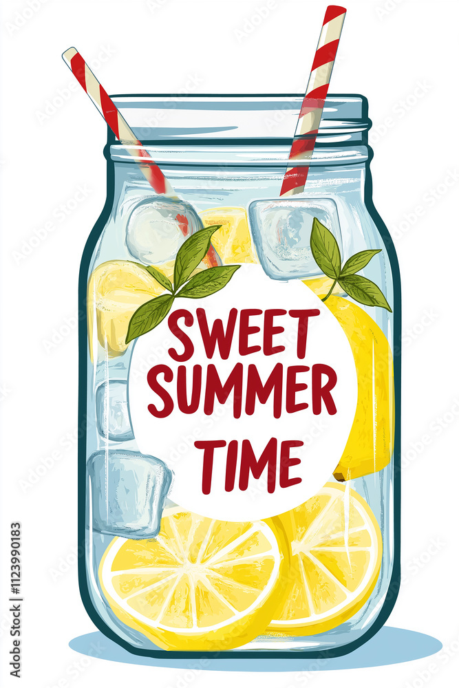 Poster Refreshing summer lemonade in a mason jar with ice and mint