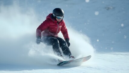 Teen snowboarder in red jacket performing stunts on snowy slope, ideal for extreme sports or youth campaigns.