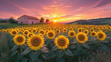 Obraz premium A vibrant sunset over a sunflower field with a rustic house in the background.