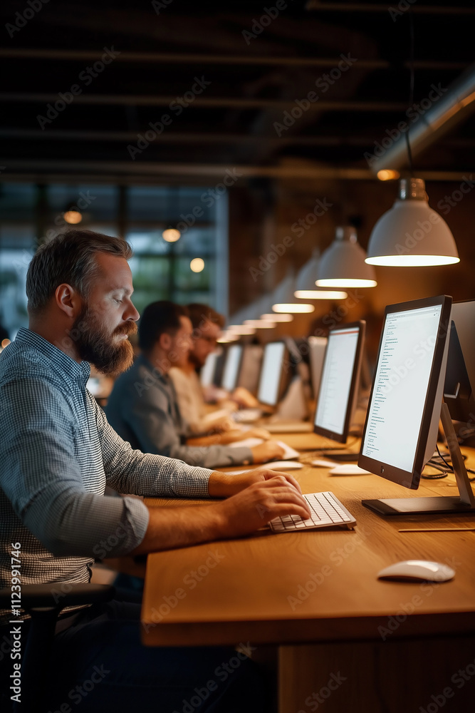 Aufkleber programmers working late at night in modern office