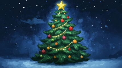 Obraz premium Illuminated Christmas tree with ornaments on snowy ground at night.