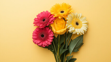 Fototapeta premium Colorful bouquet of gerbera daisies and a rose on a yellow background
