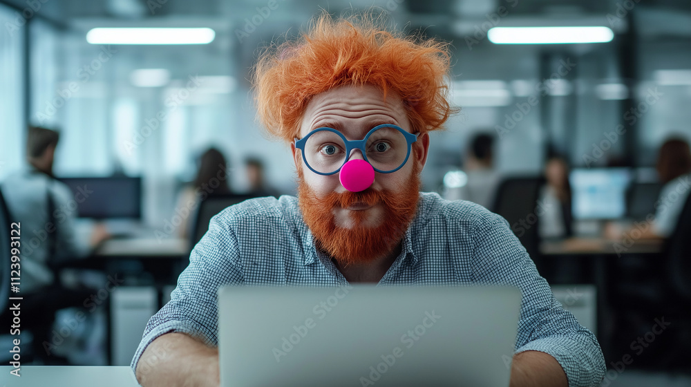 Poster office worker wearing clown nose and glasses using laptop computer