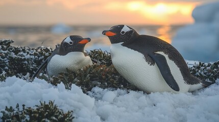 Obraz premium Two penguins resting on snow with a sunset in the background.