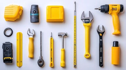 Flat lay of assorted yellow and black tools on white background.