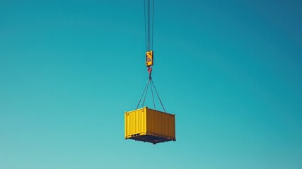 Yellow shipping container suspended by crane against a clear blue sky.