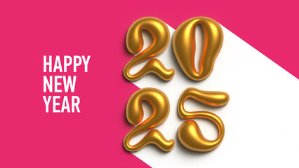 Horizontal poster. Text Happy New Year 2025 and gold letter, numbers 2, 0, 4 with long white shadow on pink magenta background. Social media template for winter holiday, Merry Christmas. Greeting card