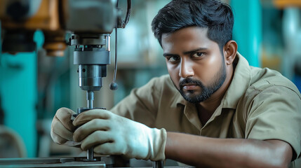 Mechanical engineer operating industrial drill press in factory