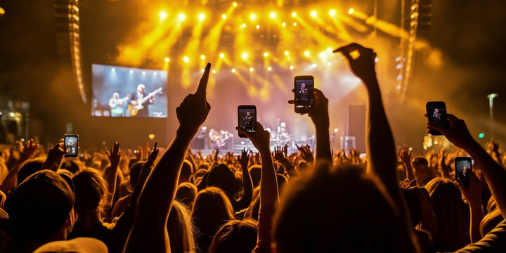 Crowd enjoying a live music concert and recording with smartphones - Powered by Adobe