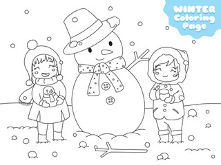 two happy kids building snowman on snowy winter day. Winter holiday, printable coloring page for kids template cartoon vector.