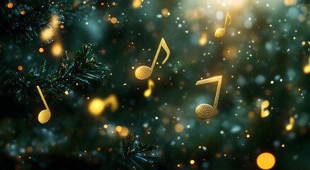 
Floating golden music notes against a green xmas background, creating a magical and musical atmosphere


