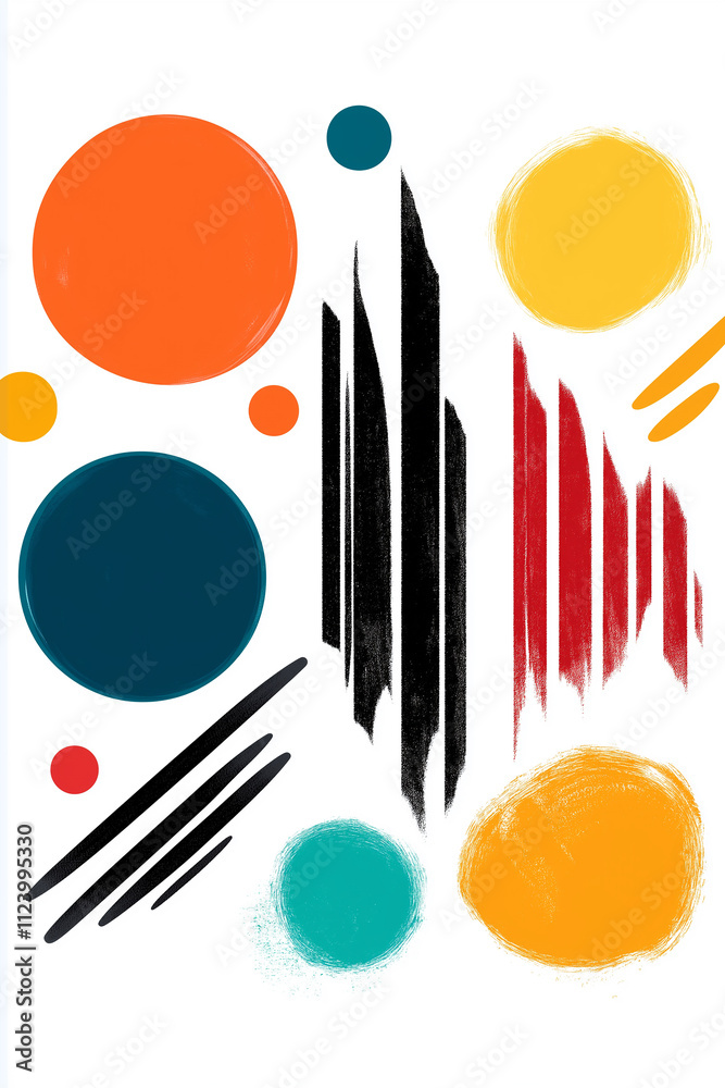 Aufkleber abstract composition featuring colorful circles and brushstrokes on white background